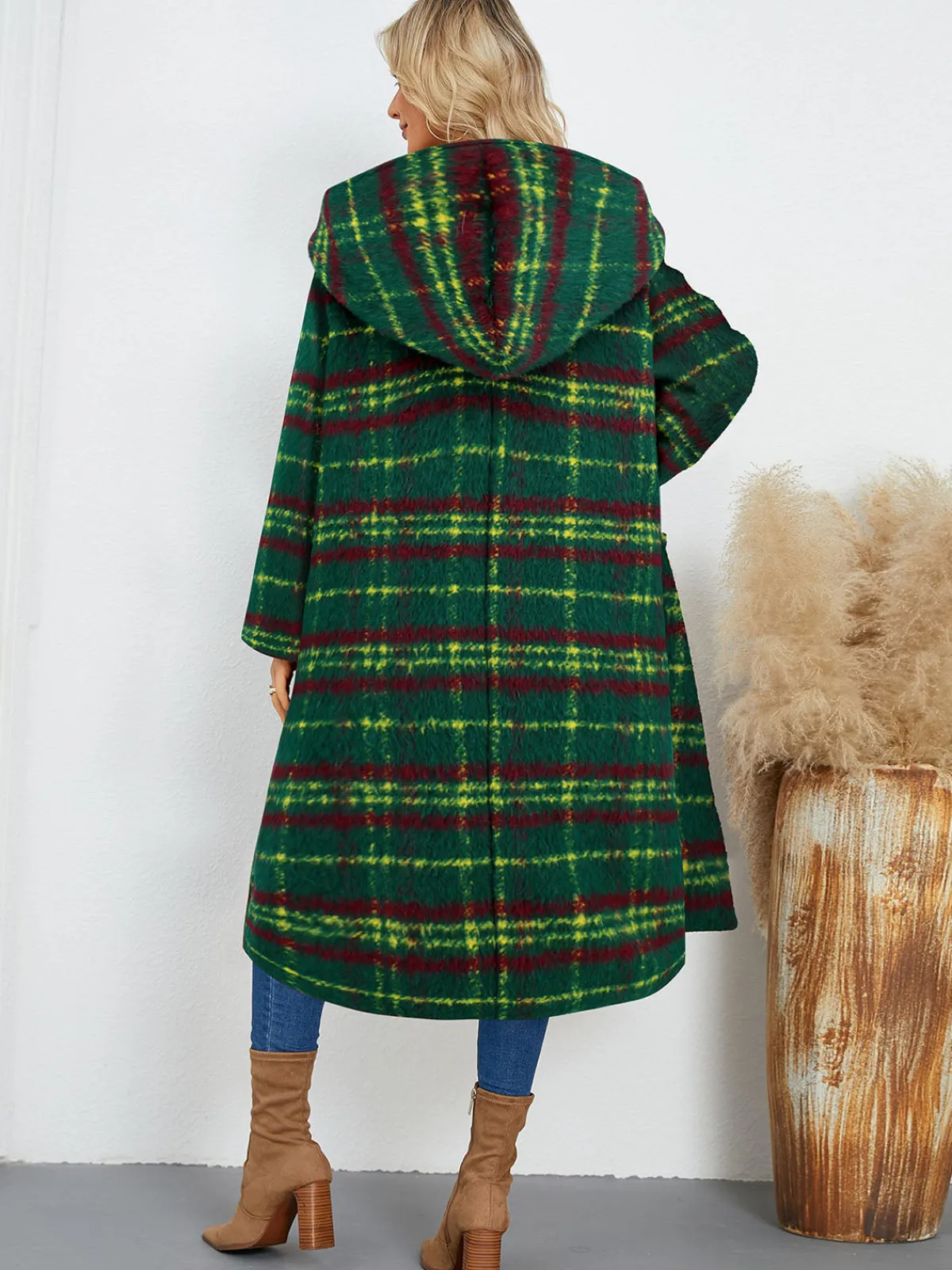 Online Retro Stage 1950s Gingham Plaid Hooded Coat Green