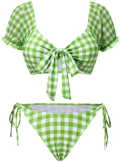Clearance Retro Stage 1960s Gingham Puff Sleeve Bikini Set Green