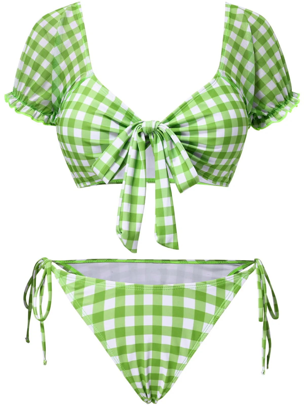Clearance Retro Stage 1960s Gingham Puff Sleeve Bikini Set Green