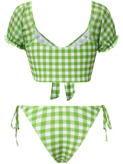 Clearance Retro Stage 1960s Gingham Puff Sleeve Bikini Set Green