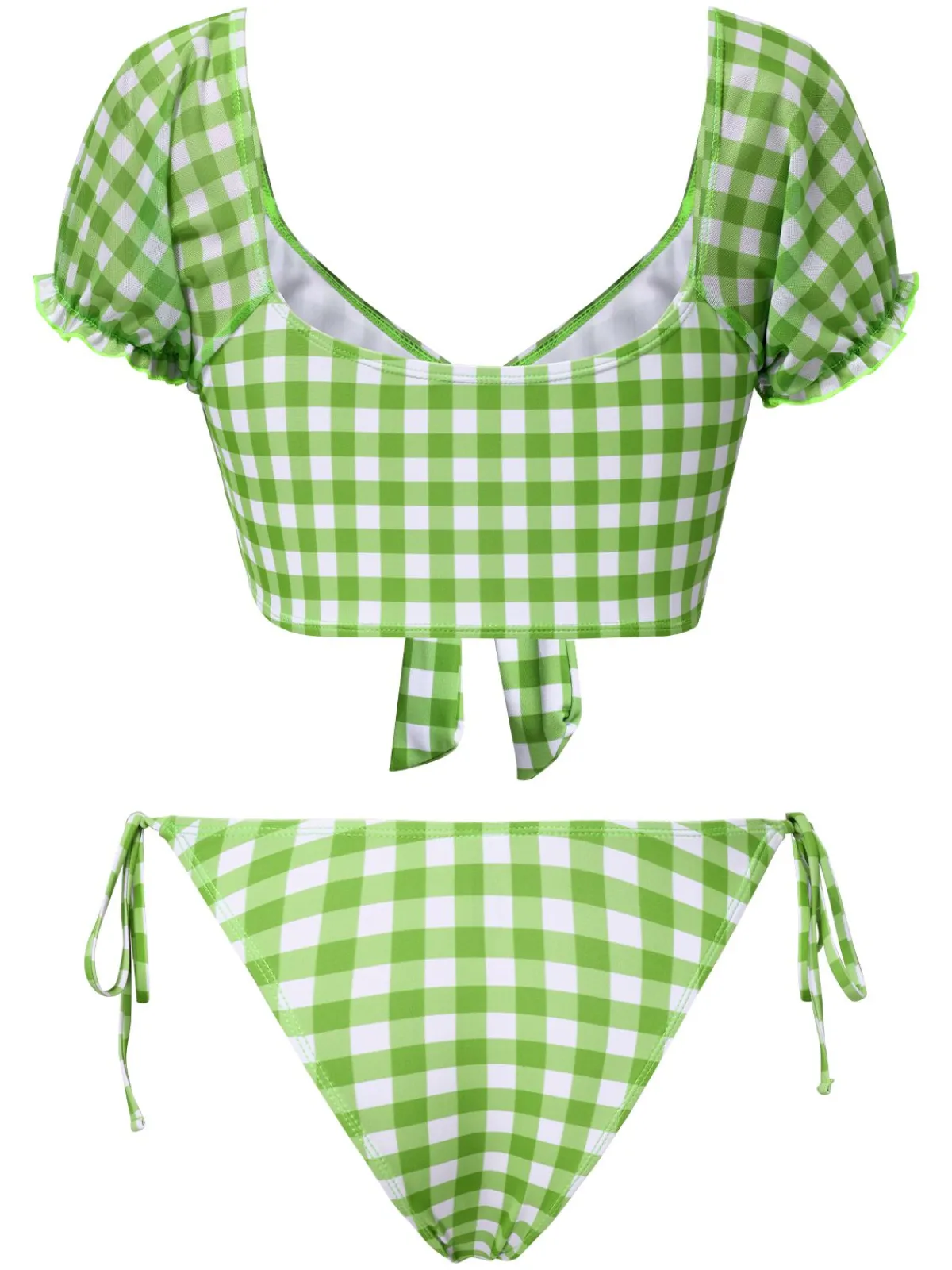 Clearance Retro Stage 1960s Gingham Puff Sleeve Bikini Set Green