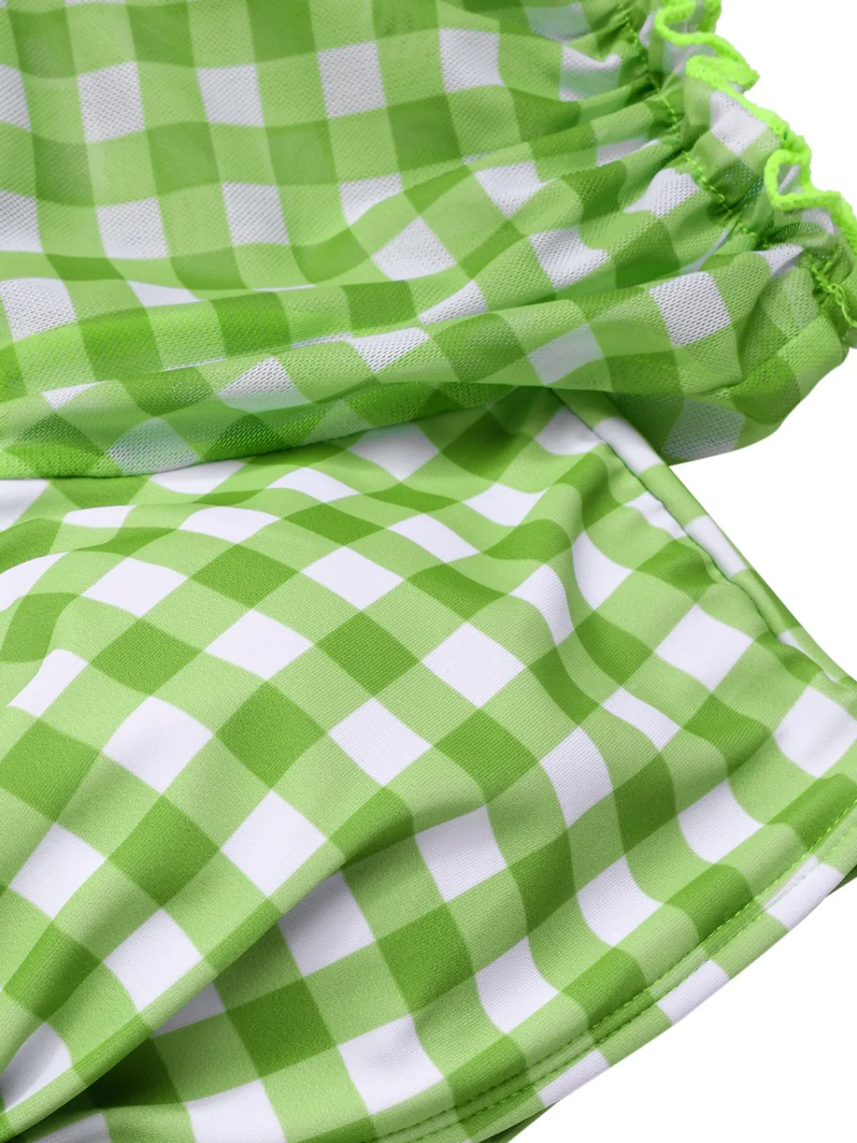 Clearance Retro Stage 1960s Gingham Puff Sleeve Bikini Set Green