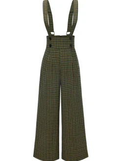 New Retro Stage Green 1940s Glen Plaid Buttoned Overall Pants