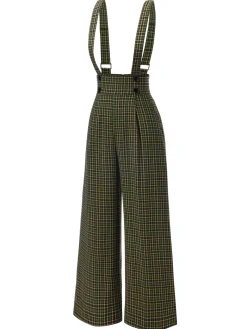New Retro Stage Green 1940s Glen Plaid Buttoned Overall Pants