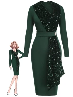 Hot Retro Stage 1960s Glitter Patchwork Belted Dress Green