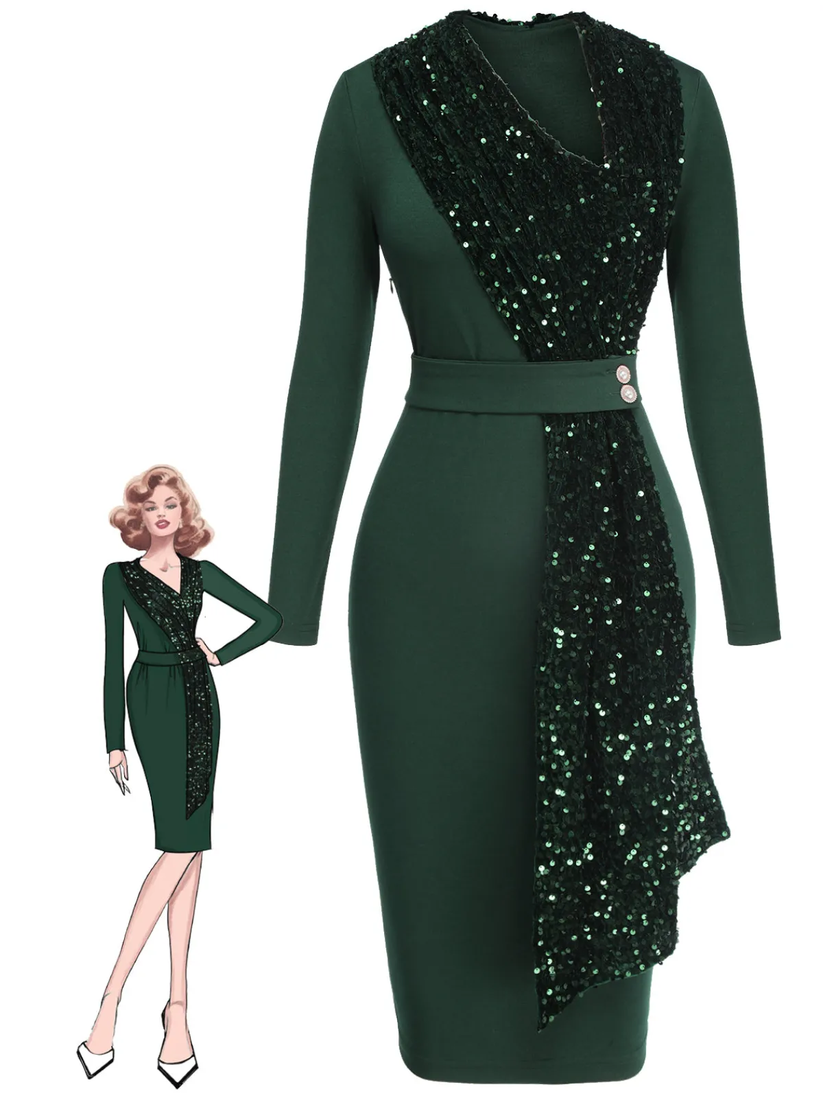 Hot Retro Stage 1960s Glitter Patchwork Belted Dress Green