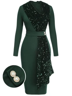 Hot Retro Stage 1960s Glitter Patchwork Belted Dress Green
