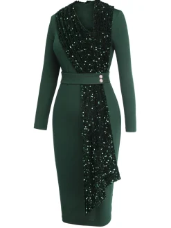 Hot Retro Stage 1960s Glitter Patchwork Belted Dress Green