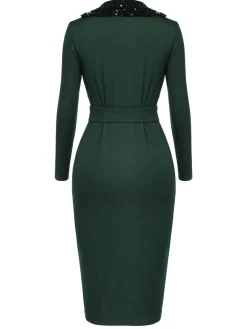 Hot Retro Stage 1960s Glitter Patchwork Belted Dress Green