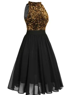 New Retro Stage Green 1950s Gold Glitter Patchwork Dress