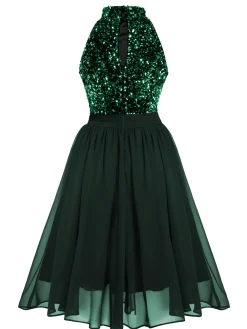 New Retro Stage Green 1950s Gold Glitter Patchwork Dress
