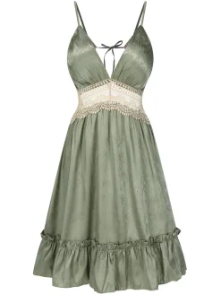 New Retro Stage Green 1950s Guipure Lace Ruffled Hem Nightgown
