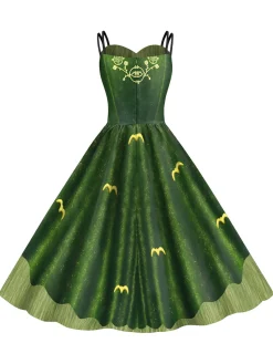 Online Retro Stage 1950s Halloween Double Straps Patchwork Dress Green