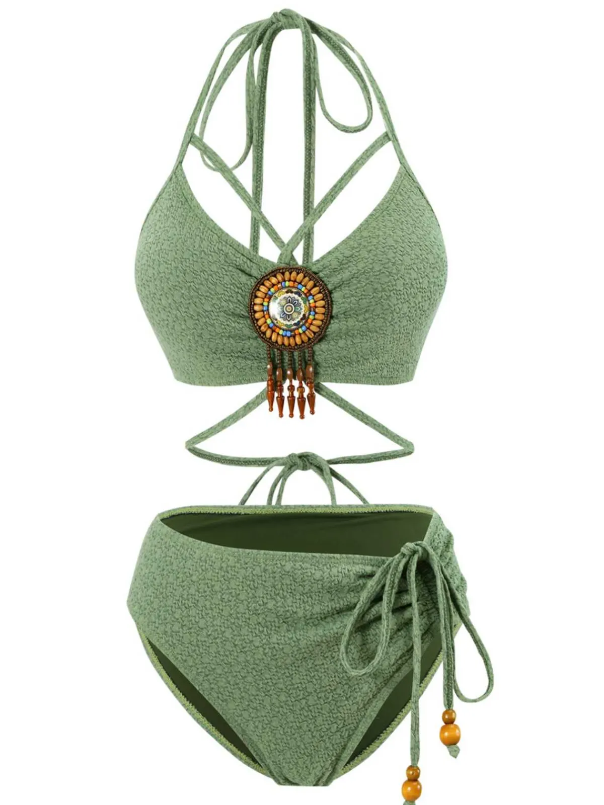 Hot Retro Stage 1970s Halter Boho Beaded Bikini Set Green