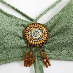 Hot Retro Stage 1970s Halter Boho Beaded Bikini Set Green