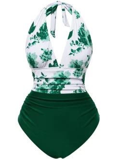 Fashion Retro Stage Green 1940s Halter Floral Ruched One-piece Swimsuit