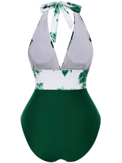 Fashion Retro Stage Green 1940s Halter Floral Ruched One-piece Swimsuit