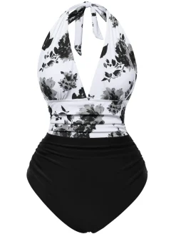 Fashion Retro Stage Green 1940s Halter Floral Ruched One-piece Swimsuit