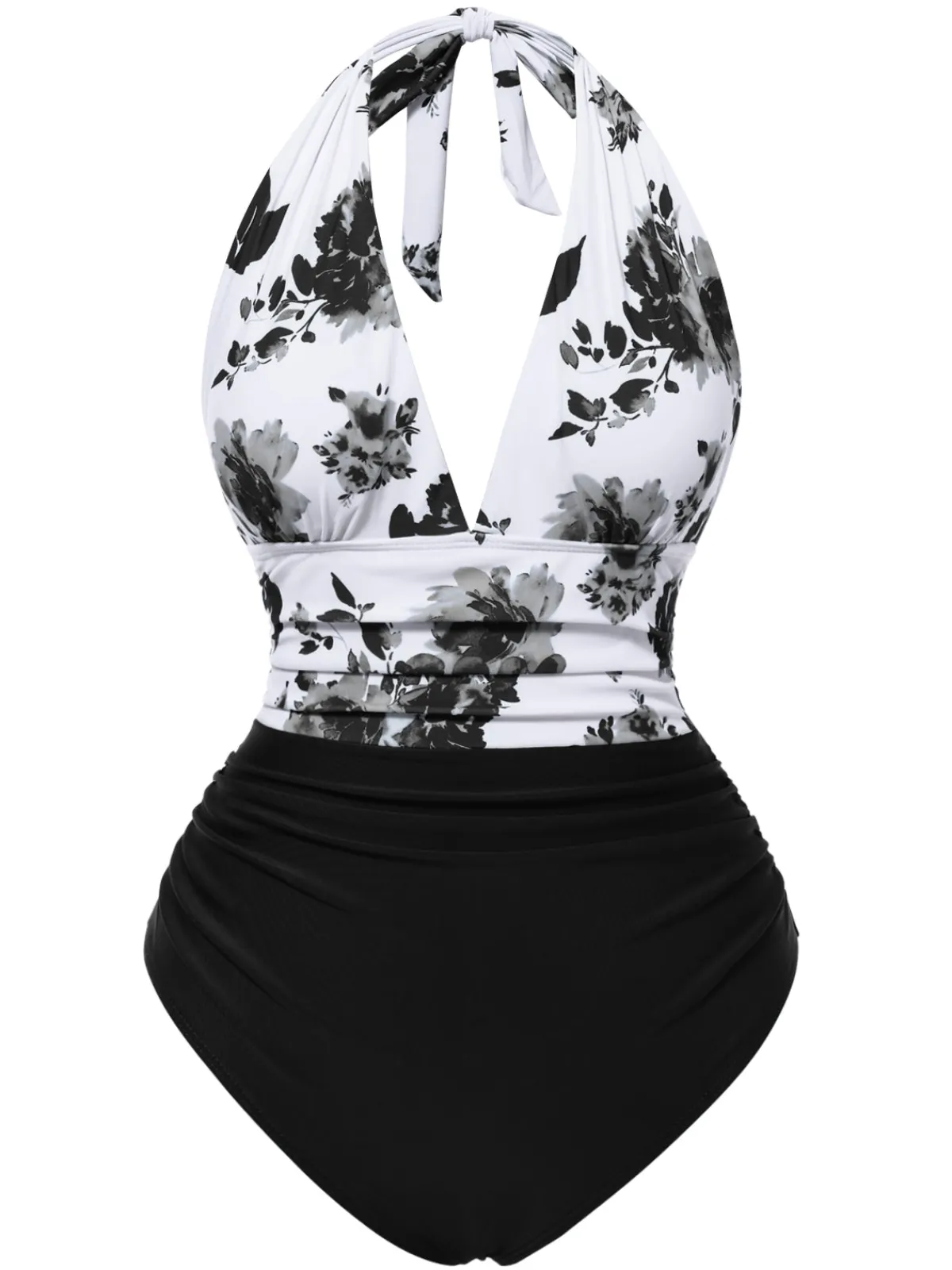 Fashion Retro Stage Green 1940s Halter Floral Ruched One-piece Swimsuit