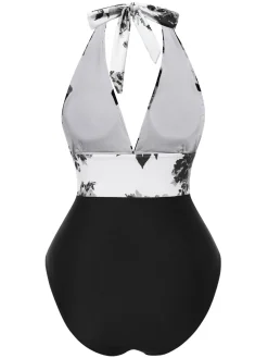 Fashion Retro Stage Green 1940s Halter Floral Ruched One-piece Swimsuit