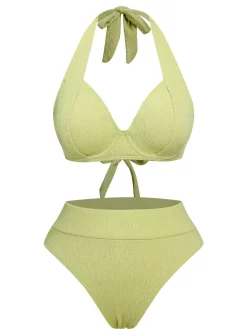 Hot Retro Stage 1960s Halter High-Waist Swimsuit Green