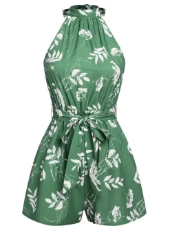 Discount Retro Stage 1960s Halter Plants Belted Romper Green