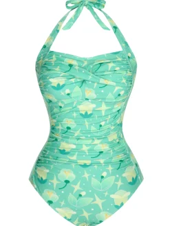 Online Retro Stage 1930s Halter Plants Print One-Piece Swimsuit Green
