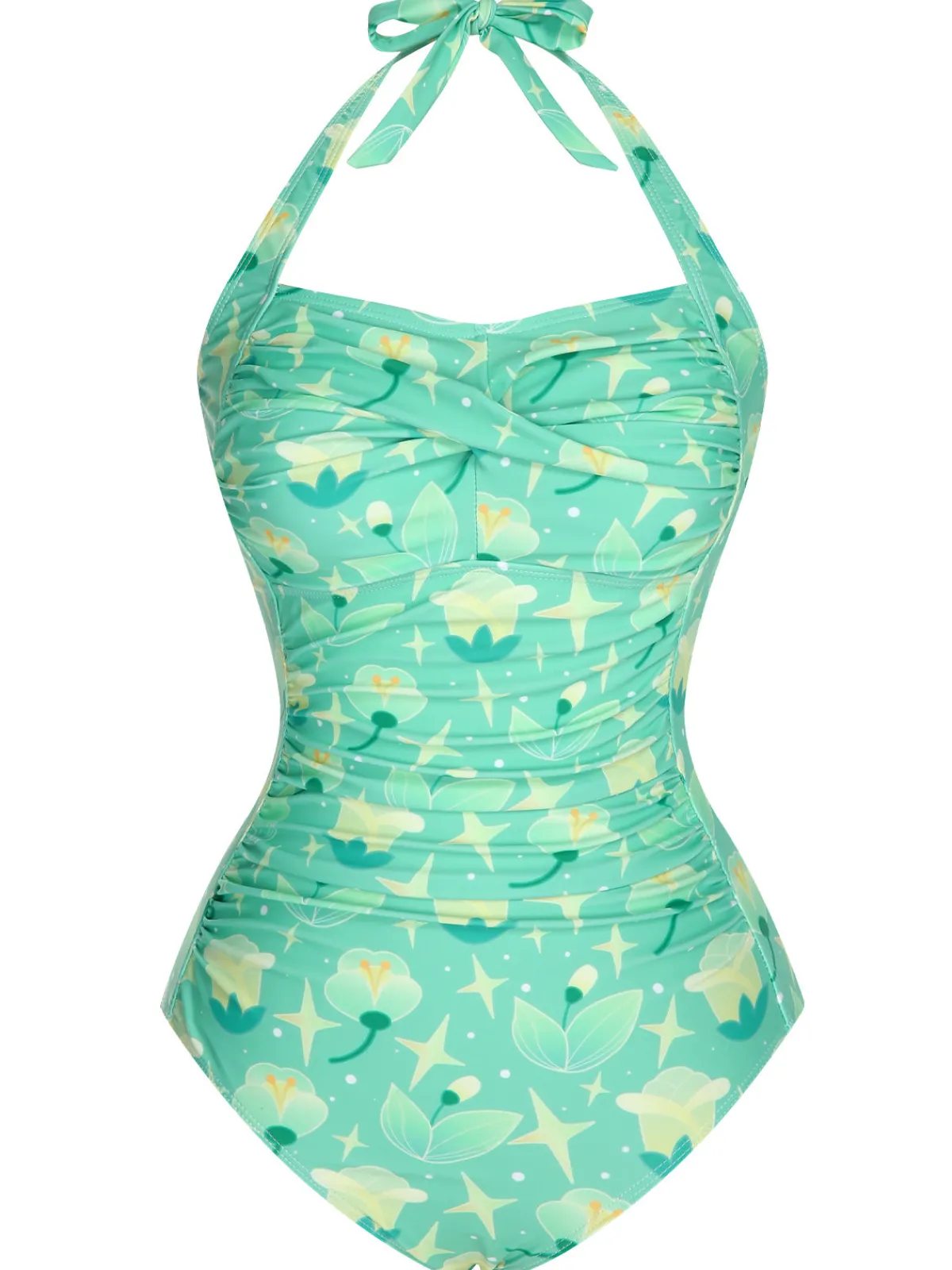 Online Retro Stage 1930s Halter Plants Print One-Piece Swimsuit Green