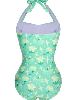 Online Retro Stage 1930s Halter Plants Print One-Piece Swimsuit Green