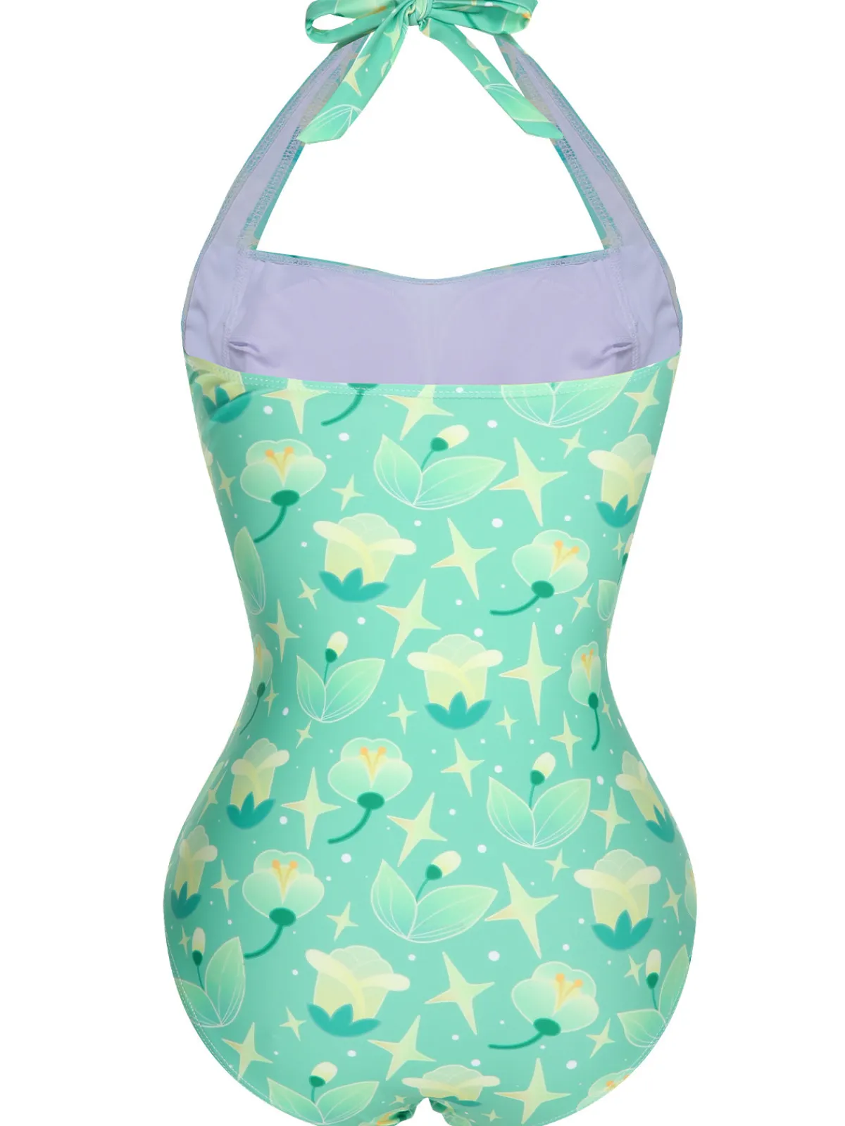 Online Retro Stage 1930s Halter Plants Print One-Piece Swimsuit Green