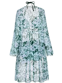 Best Retro Stage 1950s Halter Plants Print Swimsuit & Cover-Up Green