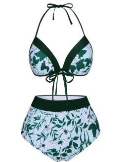 Best Retro Stage 1950s Halter Plants Print Swimsuit & Cover-Up Green