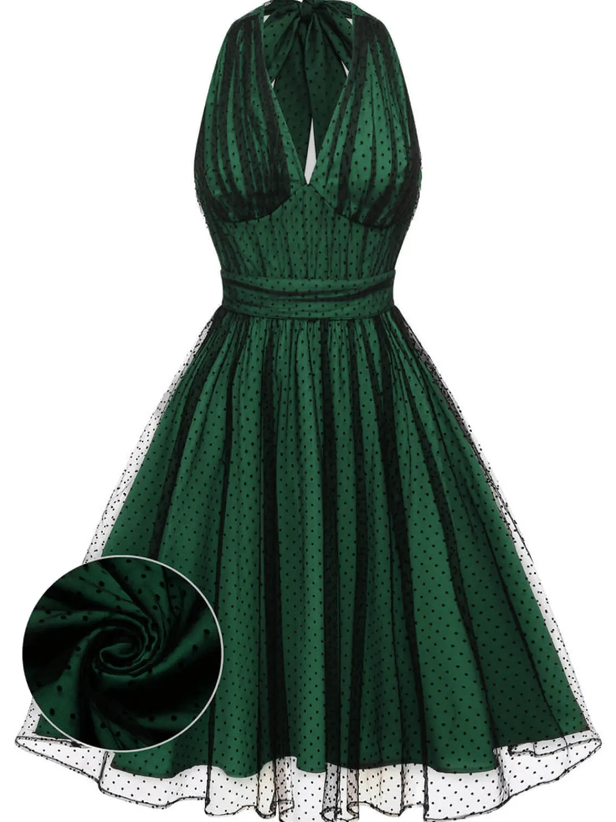 Sale Retro Stage Green 1950s Halter Polka Dots Mesh Dress