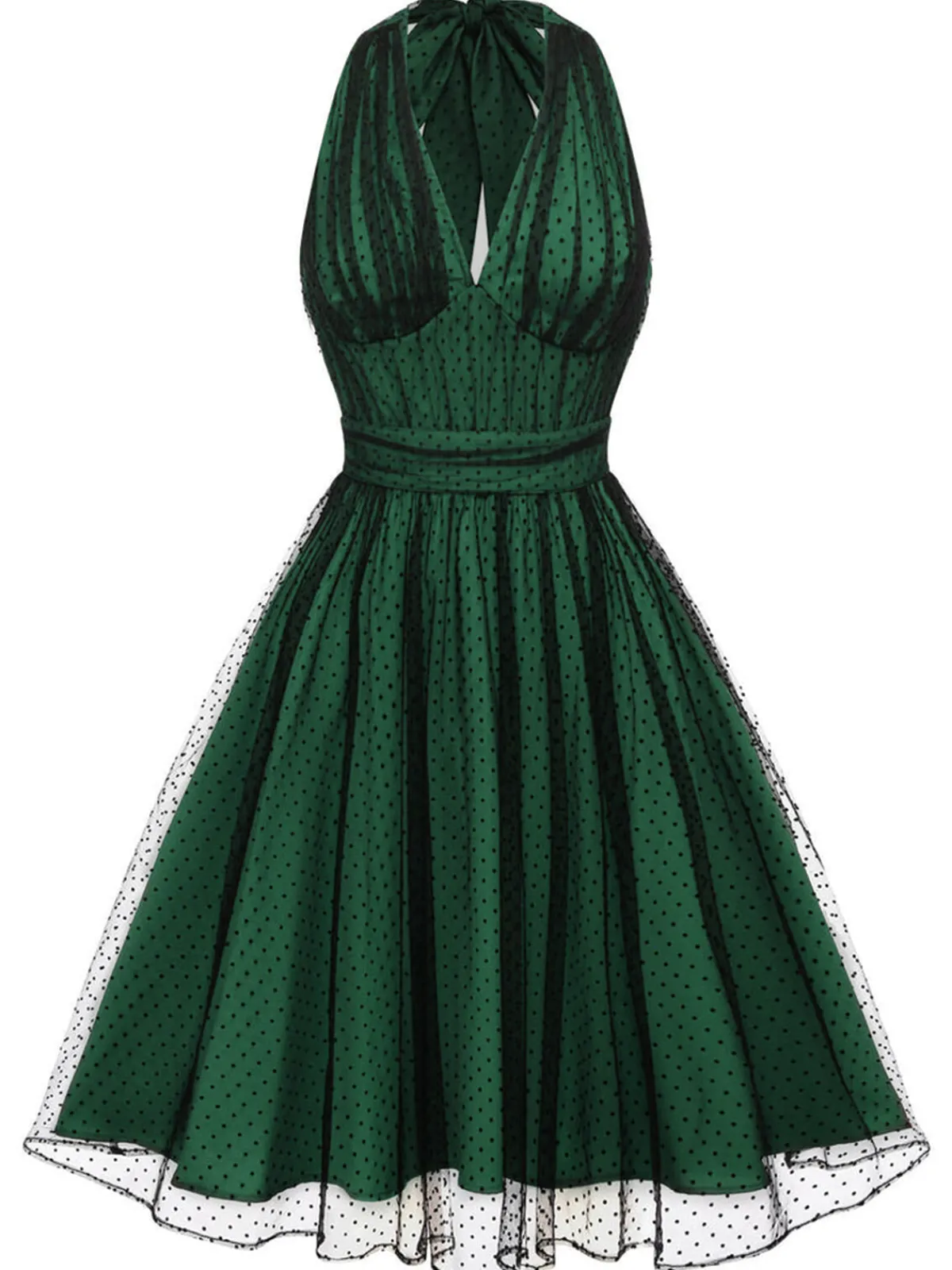 Sale Retro Stage Green 1950s Halter Polka Dots Mesh Dress