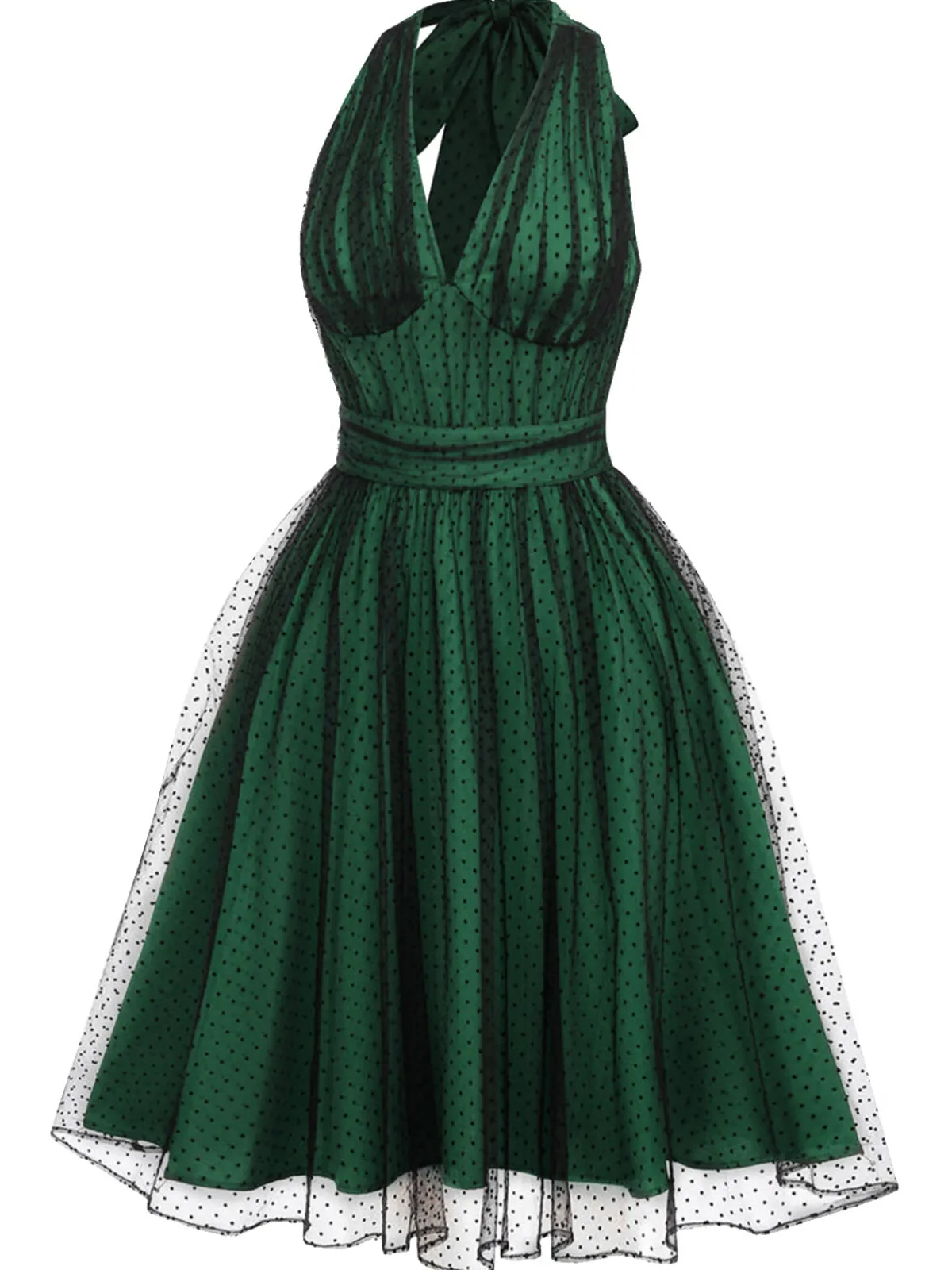 Sale Retro Stage Green 1950s Halter Polka Dots Mesh Dress