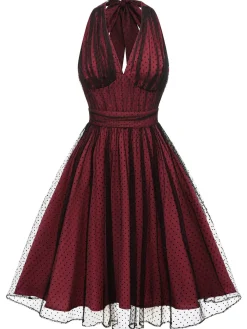 Sale Retro Stage Green 1950s Halter Polka Dots Mesh Dress