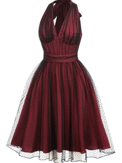 Sale Retro Stage Green 1950s Halter Polka Dots Mesh Dress