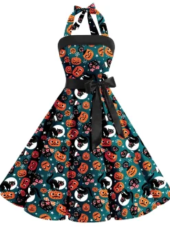 Hot Retro Stage 1950s Halter Pumpkin Swing Dress Green