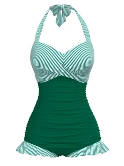 Online Retro Stage Green 1940s Halter Stripe One-Piece Swimsuit Bright Green