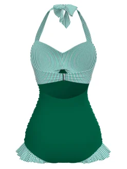 Online Retro Stage Green 1940s Halter Stripe One-Piece Swimsuit Bright Green