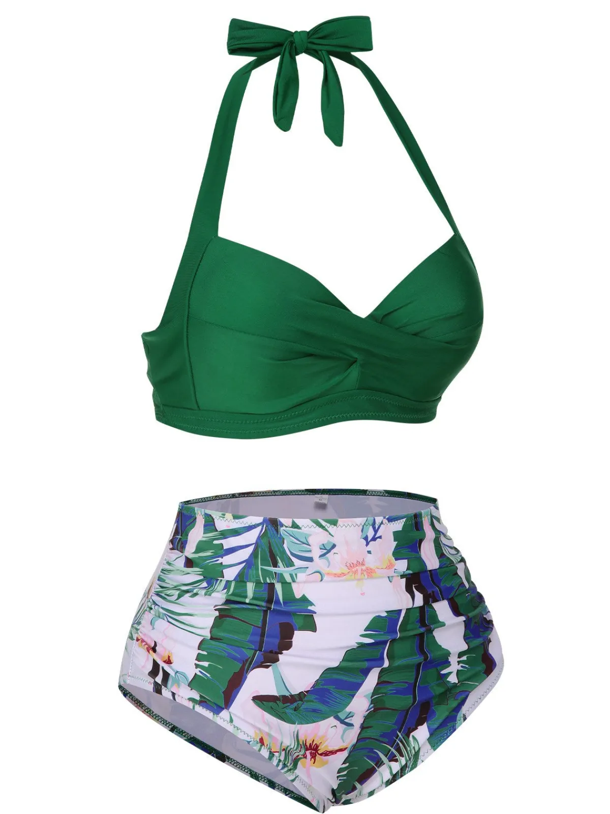 Clearance Retro Stage 1930s Halter Tropical Plants Swimsuit Green