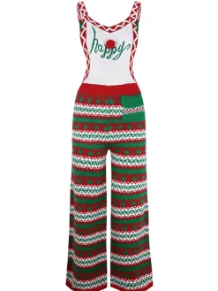Clearance Retro Stage 1970s Happy Christmas Straps Knitted Jumpsuit Green