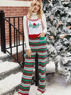 Clearance Retro Stage 1970s Happy Christmas Straps Knitted Jumpsuit Green