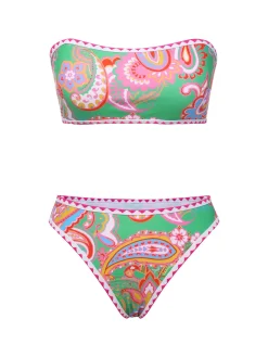 Online Retro Stage 1970s Hippie Print Bandeau Bikini Green