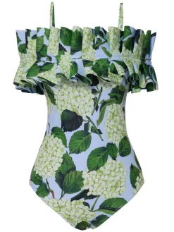 Fashion Retro Stage 1950s Hydrangea Floral Cold-Shoulder Swimsuit Green