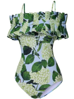 Fashion Retro Stage 1950s Hydrangea Floral Cold-Shoulder Swimsuit Green
