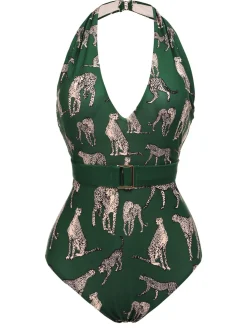 Sale Retro Stage Green 1930s Jaguar Vintage Halter One-piece Swimsuit Dark Green
