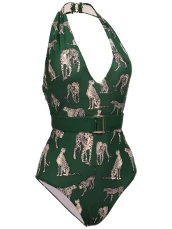Sale Retro Stage Green 1930s Jaguar Vintage Halter One-piece Swimsuit Dark Green