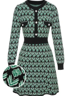 Hot Retro Stage 1940s Knitted Floral A-Line Dress Green