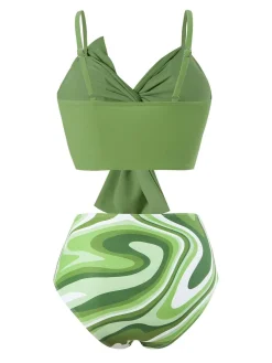 Sale Retro Stage 1960s Knotted Watercolor Straps Swimsuit Green